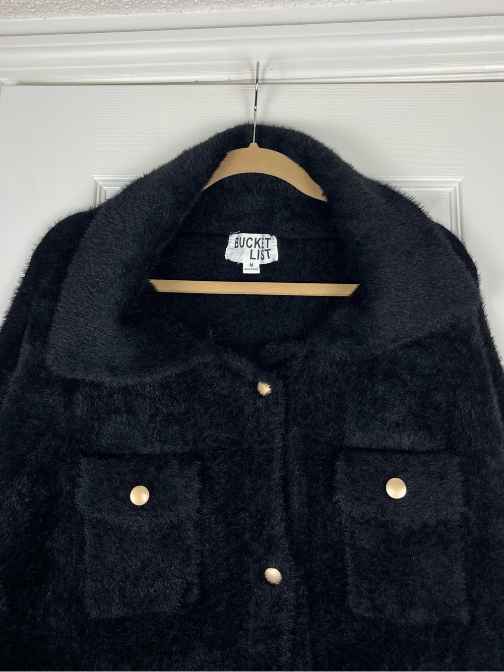 Bucket List Black Fuzzy Plush Soft Snap Front Coat Jacket Sz M - Picture 2 of 11